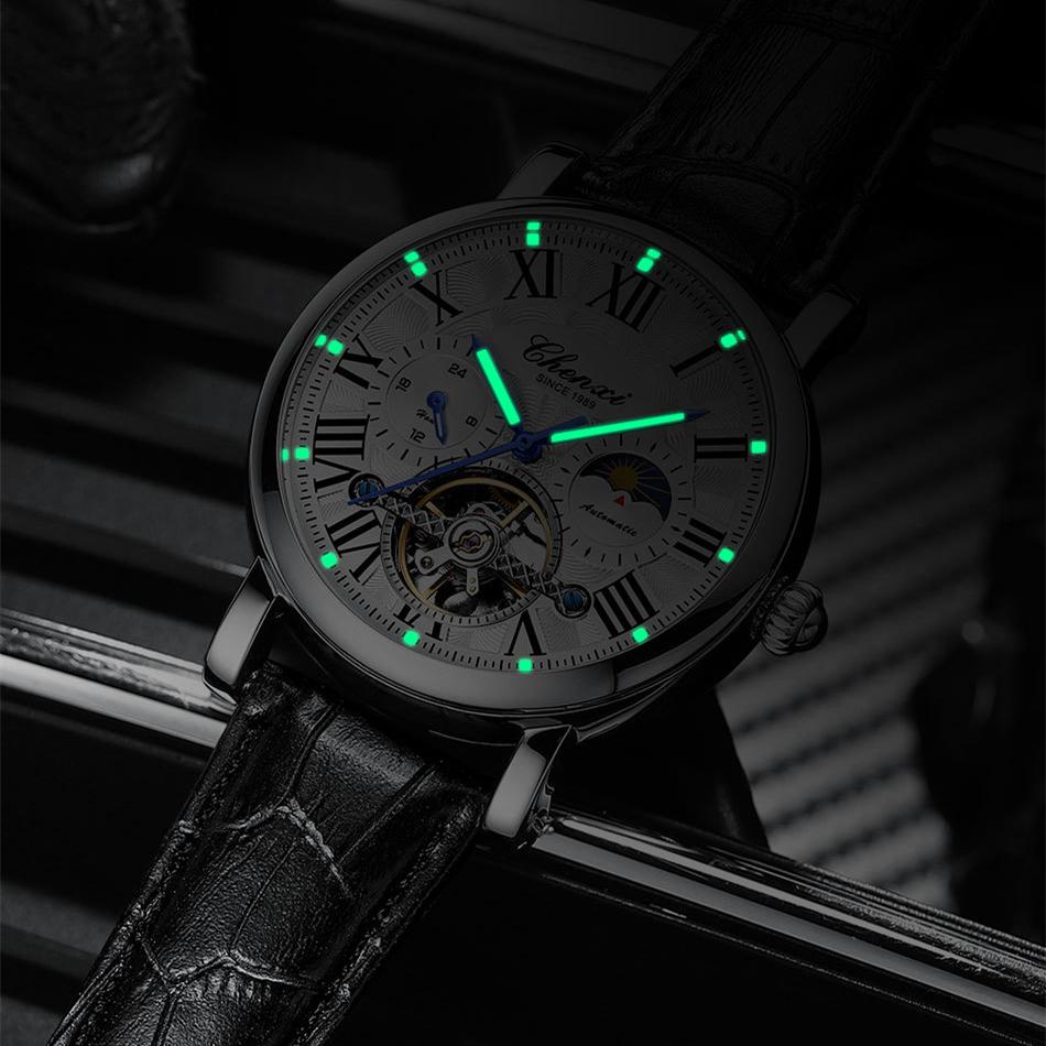 Nové luxusní pánské hodinky TOP značky s krabičkou Komerční pánské plně automatický dutý setrvačník Luminous vodotěsné pánské mechanické hodinky