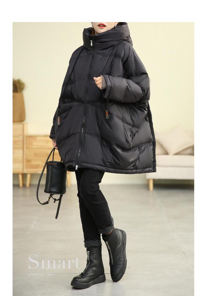 Women's Mid-Length Hooded Patchwork Pendant Down Jacket - Plus Size, Loose Fit, White Duck Down, Autumn/Winter Style