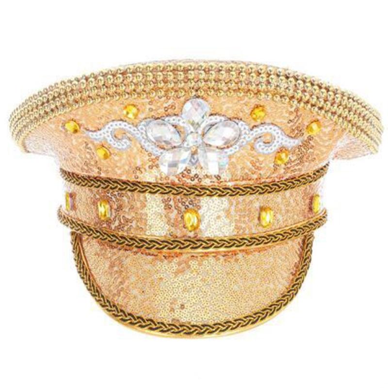 

Bride Hat for Dancing Party Sequined Captain Hat Music Festival Costume Hat Rhinestones Hats for Roleplaying золотий
