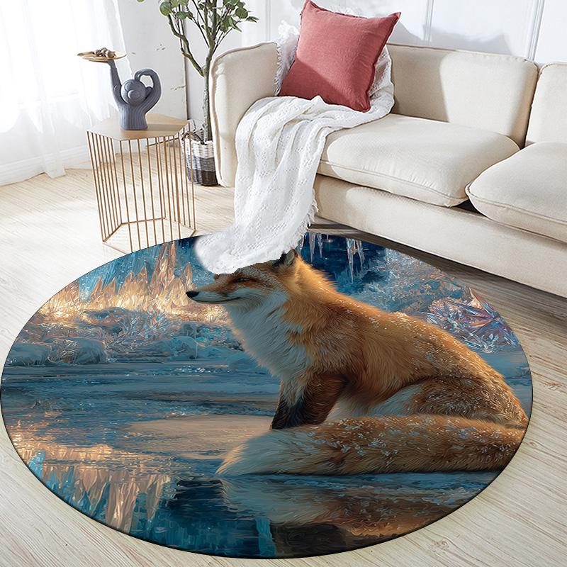 Ice Fox,Round Area Rug,Carpet Rug for Living Room Bedroom Sofa Playroom Decor,Non-slip Floor Mat