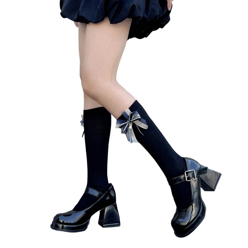 

1 Pair Princess Style Dress Socks for Girl Calf Tube Frilly Socks Ballet Socks Ruffle Calf Socks with Bows Lace Top Sock чорний