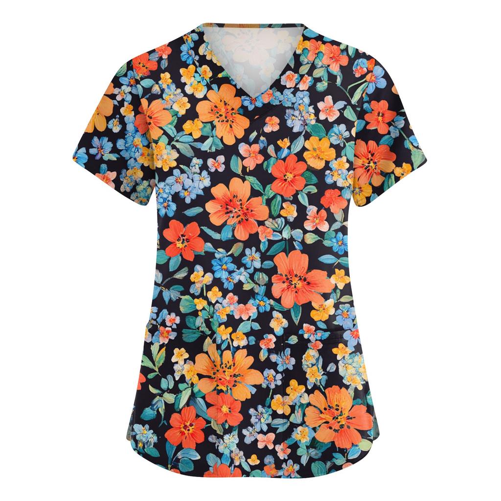 Women's Fashionable V-neck Workwear Printed Short Sleeved Pocket Side Slit Workwear Basic Pullover Top