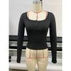 Women's V Neck Long Sleeve Ribbed Top Slim Fit Elegant Solid Crop Top With Lace Button Trim