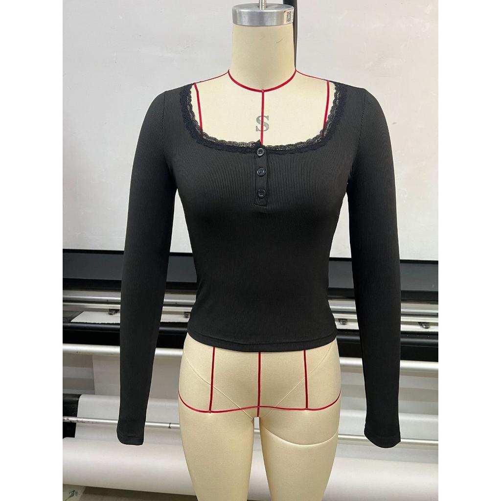 Women's V Neck Long Sleeve Ribbed Top Slim Fit Elegant Solid Crop Top With Lace Button Trim