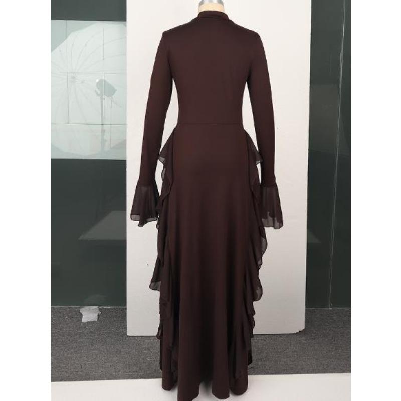 Abito Casual Elegante da Donna Europeo Americano a Vita Alta Monocolore con Maniche a Campana Abito Lungo Maniche Lunghe