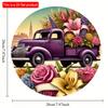 2d Flat 20*20cm Purple Vintage Truck Filled with Flowers, Circular Wooden Sign, Garden, Kitchen, Office, Bedroom Decoration, Wooden Material