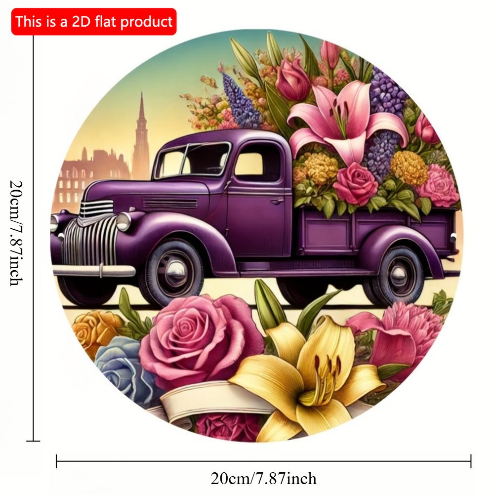 2d Flat 20*20cm Purple Vintage Truck Filled with Flowers, Circular Wooden Sign, Garden, Kitchen, Office, Bedroom Decoration, Wooden Material