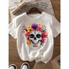 A581[Colorful Floral Skull Print Round Neck Short Sleeve T-Shirt]