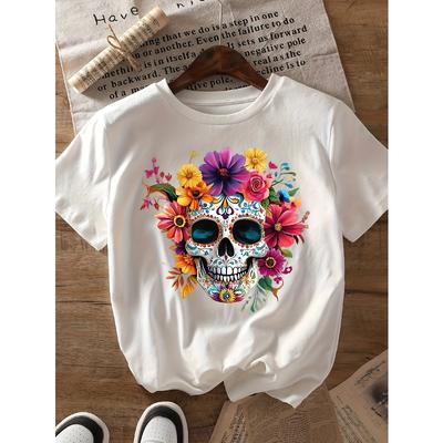 A581[Colorful Floral Skull Print Round Neck Short Sleeve T-Shirt]