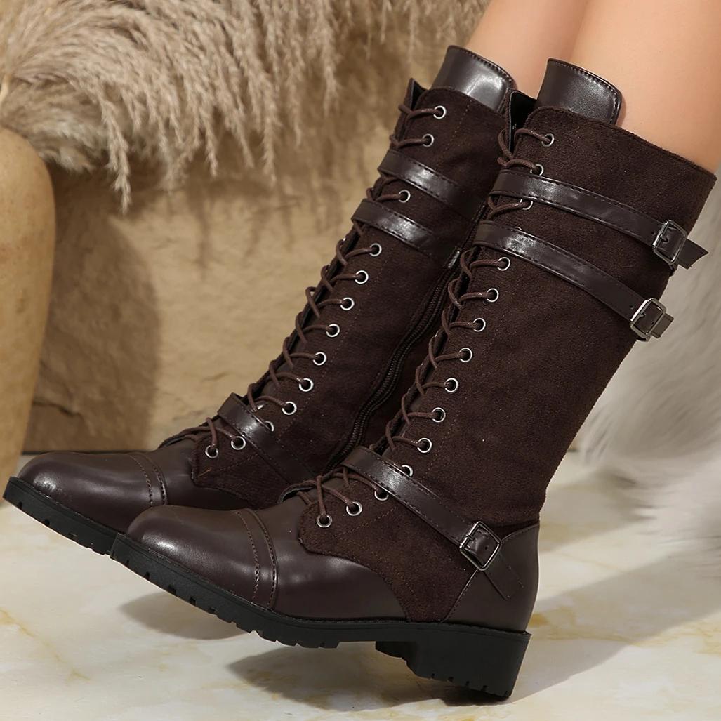 

Женские модные дизайнерские ботфорты до колена Осень Зима На шнуровке Плоские Ретро Женские Элегантные Удобные Ботинки на платформе Обувь для женщин 35