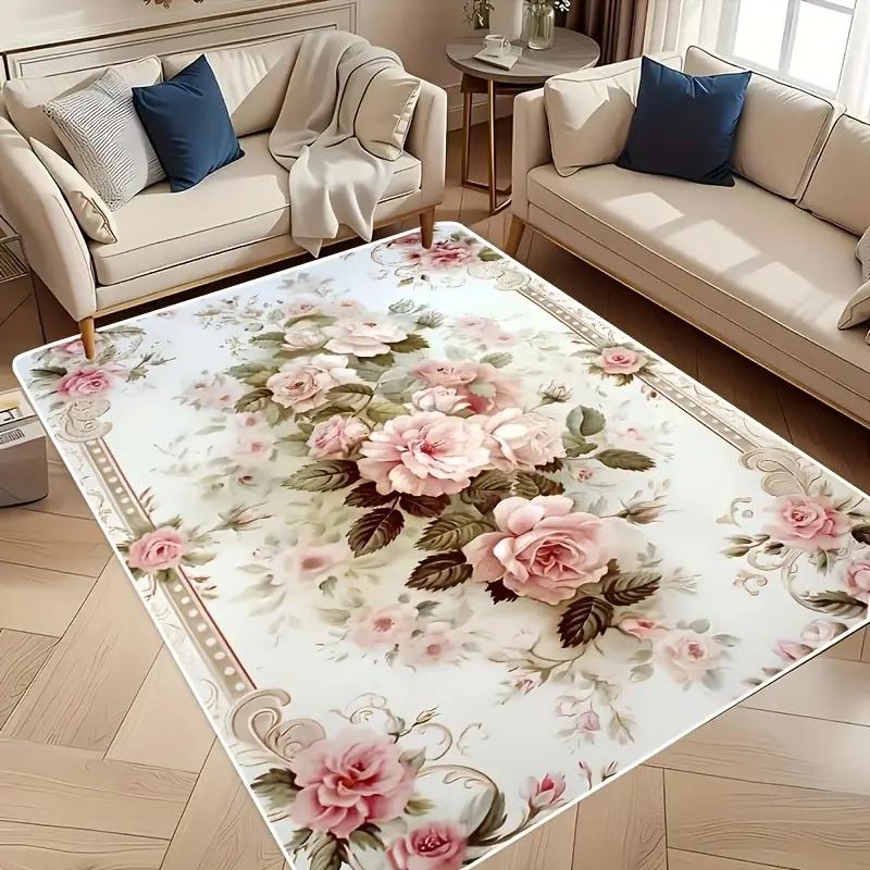 Classic Vintage Floral Rose Printed Carpet Luxurious Modern Living Room Bedroom Office Decor Non-Slip Machine Washable Floor Mat