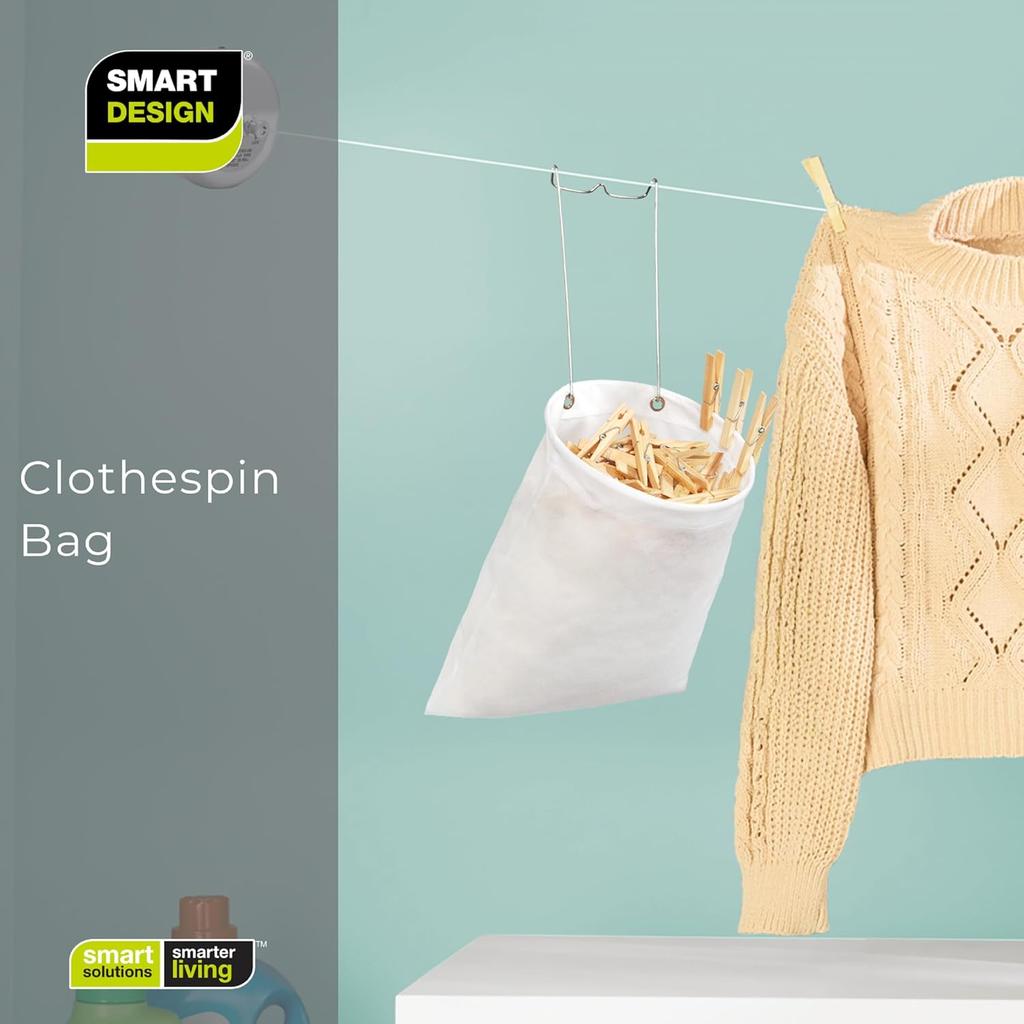 Smart Design Clothespin Bag Holder w/Hanging Hook - Non-Woven Material - for Outdoor Clothesline Cord, Clothes, Arts, Crafts - Home Organization (13