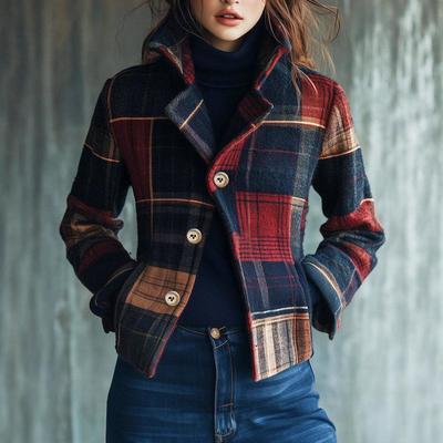 2025 Plaid Retro Warm Women's Coat - Autumn/Winter Stand-Up Collar Patchwork Blazer