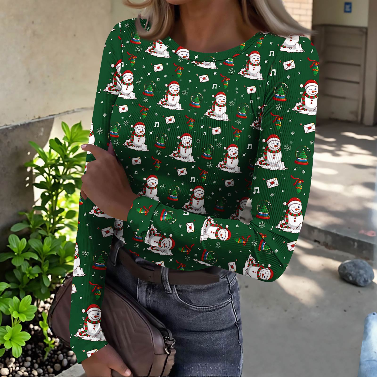 

Женская футболка с облегающим низом, модная повседневная с градиентным принтом, пуловер с круглым вырезом и длинными рукавами XL зелёный