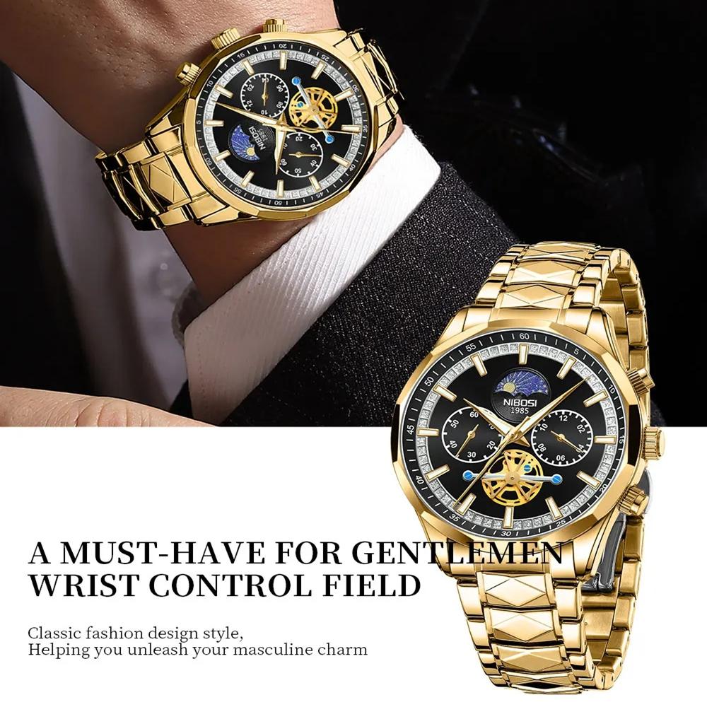 NIBOSI Star Moon Phase Watches Men Top Brand Luxury Automatic Watch for Men Luminous Waterproof Stainless Steel Quartz Clock