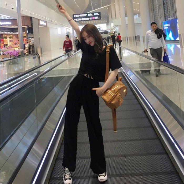 Sports Suit Women's Summer V-neck Short-sleeved Wide-leg Pants Two-piece Set Korean Style Loose Women's Casual Wear Fashion