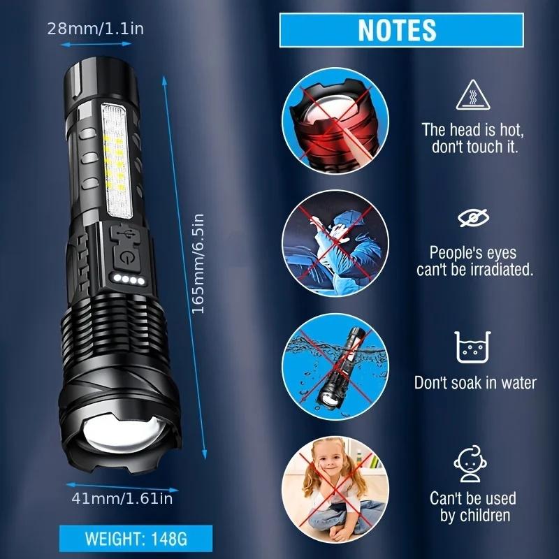 LED Flashlight 7 Modes Rechargeable Handheld Zoomable Tactical Torch Waterproof Outdoor Camping Fishing Hunting Side Work Light