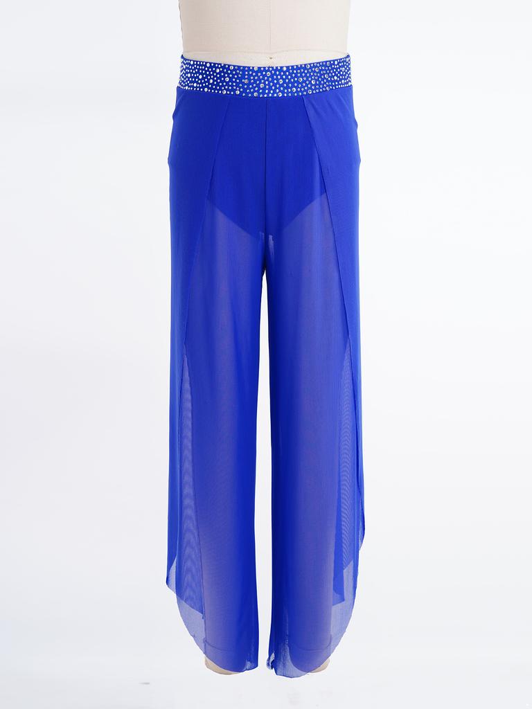 Kids Girls Lyrical Dance Pants Shiny Rhinestone Waistband Side Split Mesh Trousers for Stage Performance Competition
