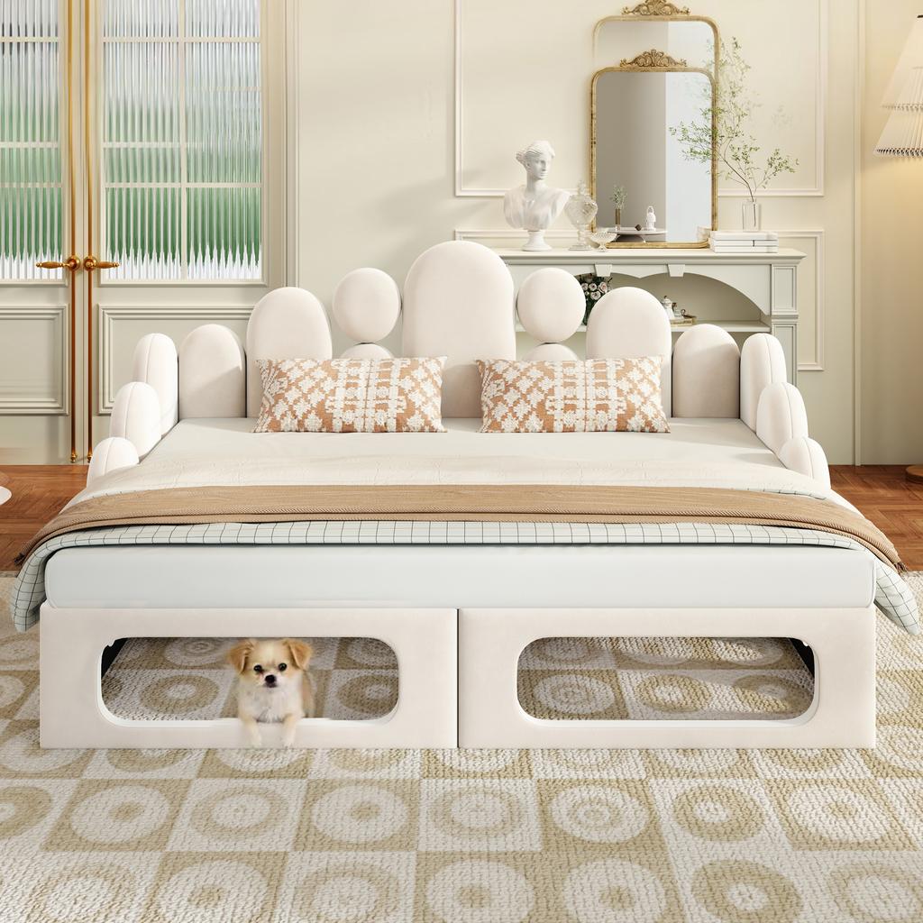 Divano letto imbottito con cuccia per animali domestici, Letto multifunzionale imbottito 2 in 1 180*200 cm, con morbido tessuto in velluto, Struttura a doghe e schienale, Beige.