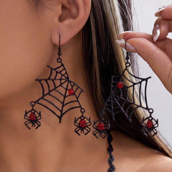 Gothic Punk Double Layer Black Spider Web Necklace For Women Red Crystal Waterdrop Spider Pendant Choker Party Statement Jewelry