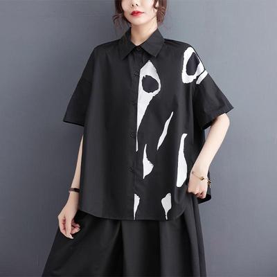 DIMANAF 2025 Große Größen Damen Sommer Locker Hemd Kurzarm Druckhemd Lässig Knopf Basic Neue Oberteile T-Shirts Einfarbig