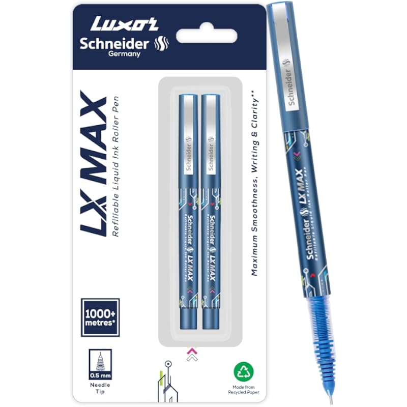 Luxor Schneider Lx Max Roller Ball Pen, Pack Of 2 - Blue, Needle Tip, 0.5Mm, 100% German Technology, 1000+ Mtrs Writing
