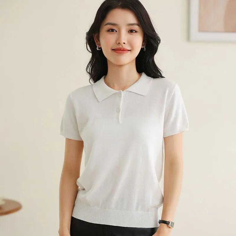 Women's Solid-Color Summer Polo-Neck Short-Sleeve Shirt Breathable, Comfortable, Simple, Commuter-Ready, Straight-Shoulder Top