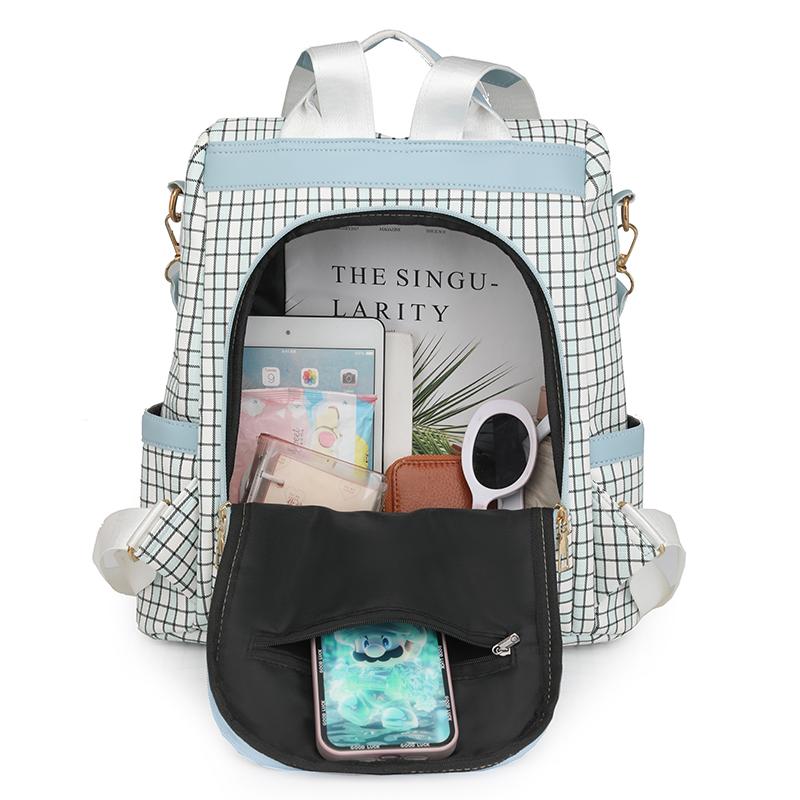 Rucsac antifurt pentru femei Geantă de umăr multifuncțională în carouri Rucsac de călătorie cu trei scopuri