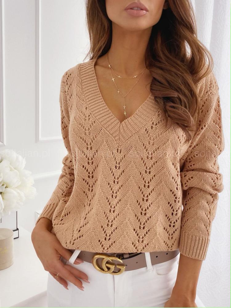 

Girls Polish Style Solid Color Mocha Hollow V-neck Knitted Shirt 3XL хакі