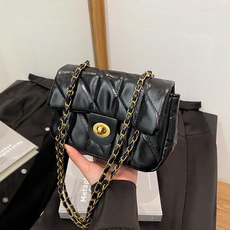 Solid Color Lattice Pu Leather Small Shoulder Bag With Chain Strap For Daily Use
