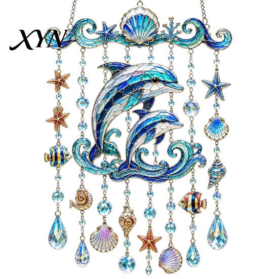 Durable Acrylic Sun Catcher Ocean Animal Window Hanging, Stained Glass Style Sea Turtle Whale Dolphin Suncatcher Beach Themed Home Decor with Crystal