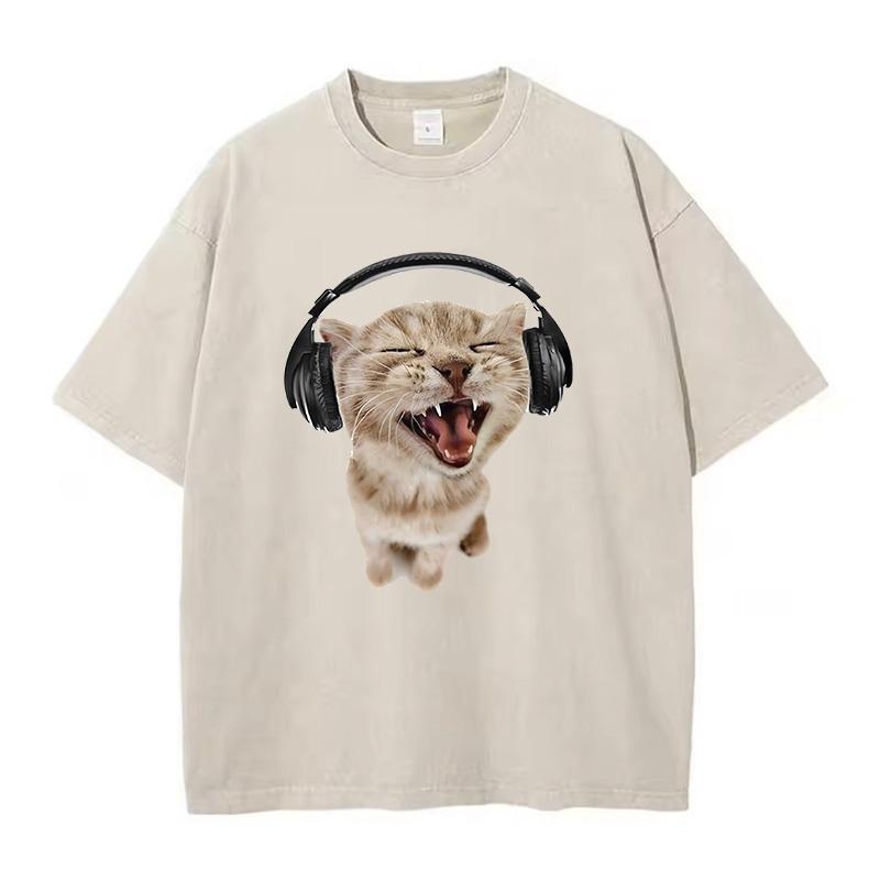

Retro Washed Cotton T-Shirt Music Cat Vintage Top Tee Casual Streetwear Men Women Unisex T Shirt 3XL