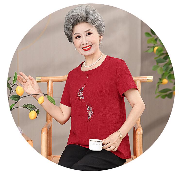 Grandma's Summer Casual Cotton & Linen Set: Short-Sleeve Embroidered T-Shirt for Elderly Women