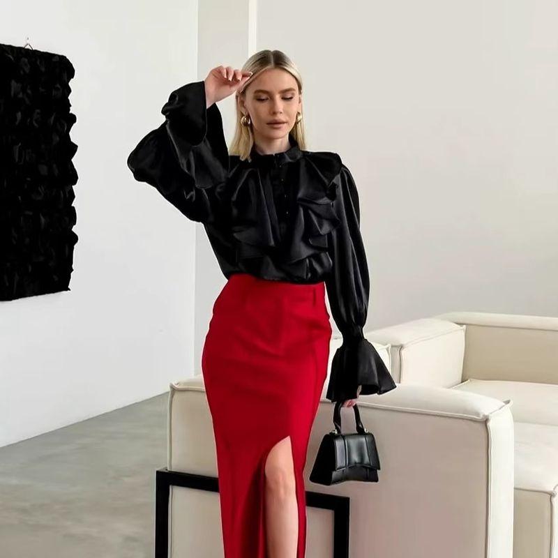 Fashion Style Ruffles Stand Collar Single-Breasted Shirt Bell Sleeve Loose Tops Flared Sleeve Shirt