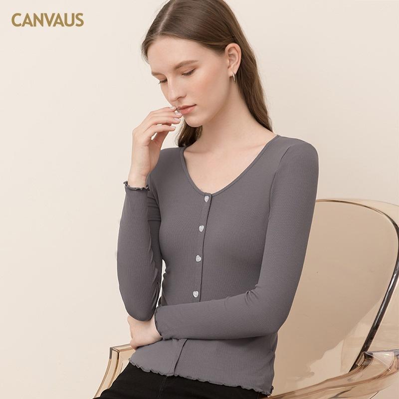 CANVAUS Herbst Neue frauen V-ausschnitt Bodenbildung Shirt T-shirt frauen Lange-ärmeln Schlank Stretch Top