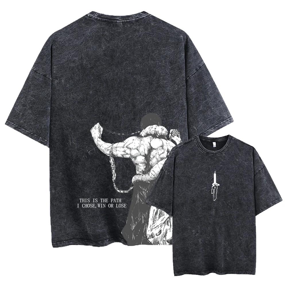 Men and Women Anime Printed Washed Short Sleeve Retro Sports Fitness Short Sleeve Loose Large Size