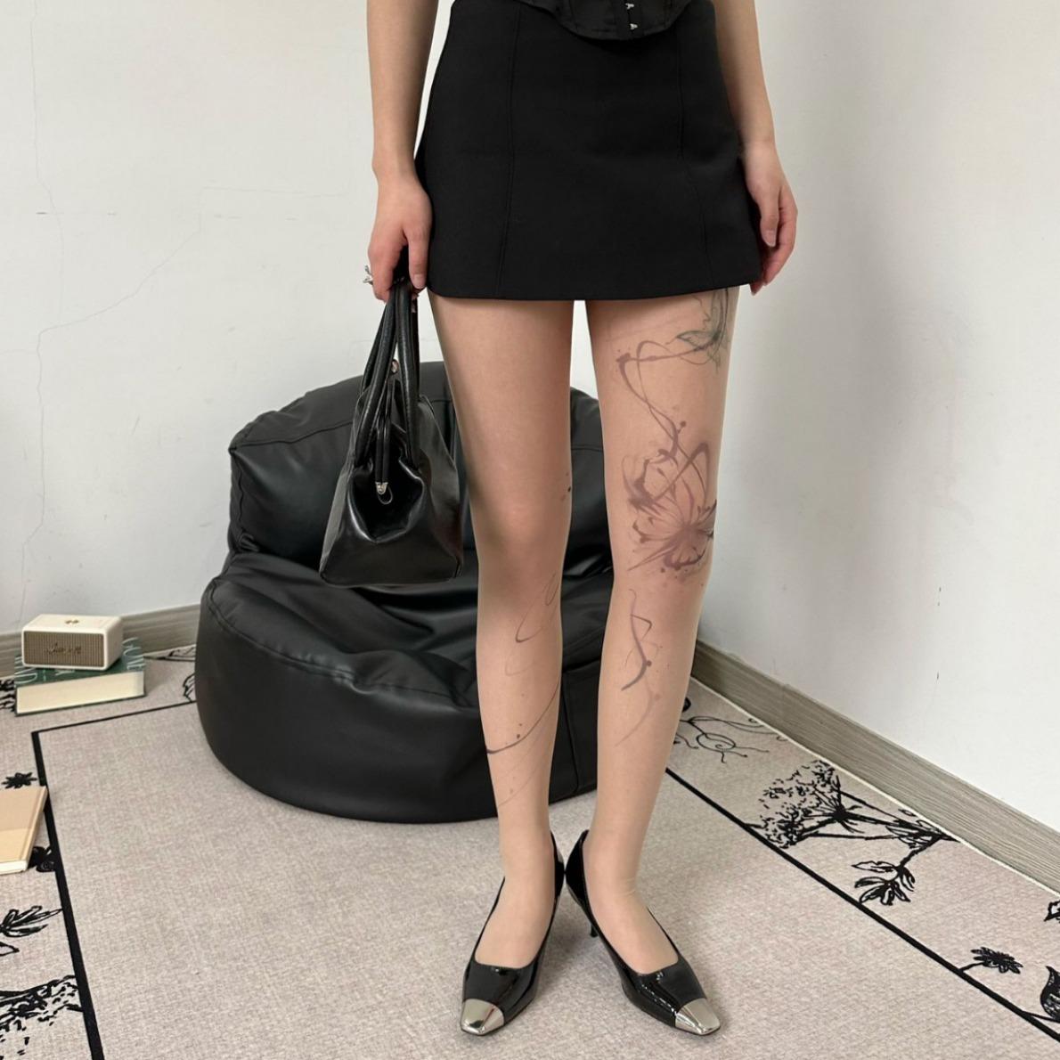 Sexy Damen Englisch Bedruckte Strümpfe Dunkler Punk Schmetterling Hautton Tattoo Jumpsuit Strumpfhose Cosplay Spitze Party Netzstrümpfe Strumpfhose gray