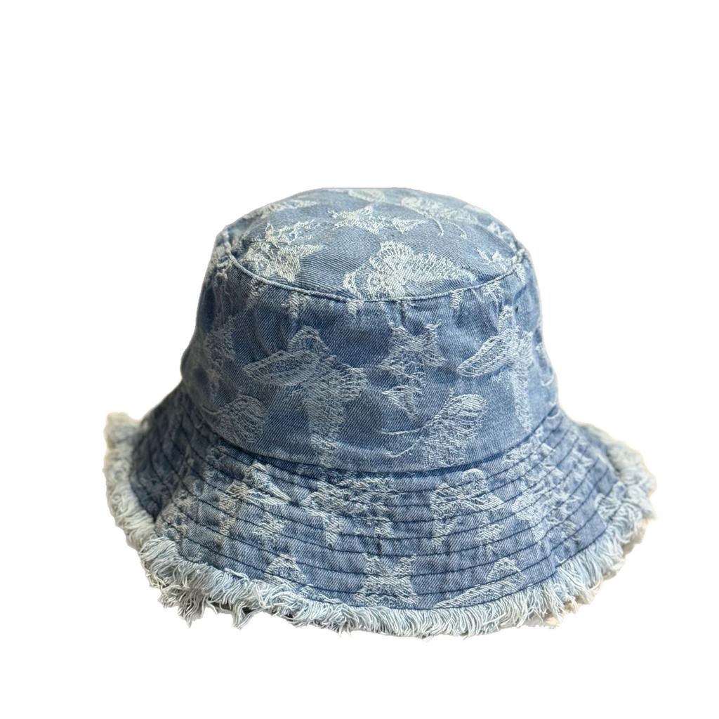Japanese-style women's fashion woven bow denim bucket hat, washed, sun-blocking, sun-protective, suitable for travel and street fashion, with frayed