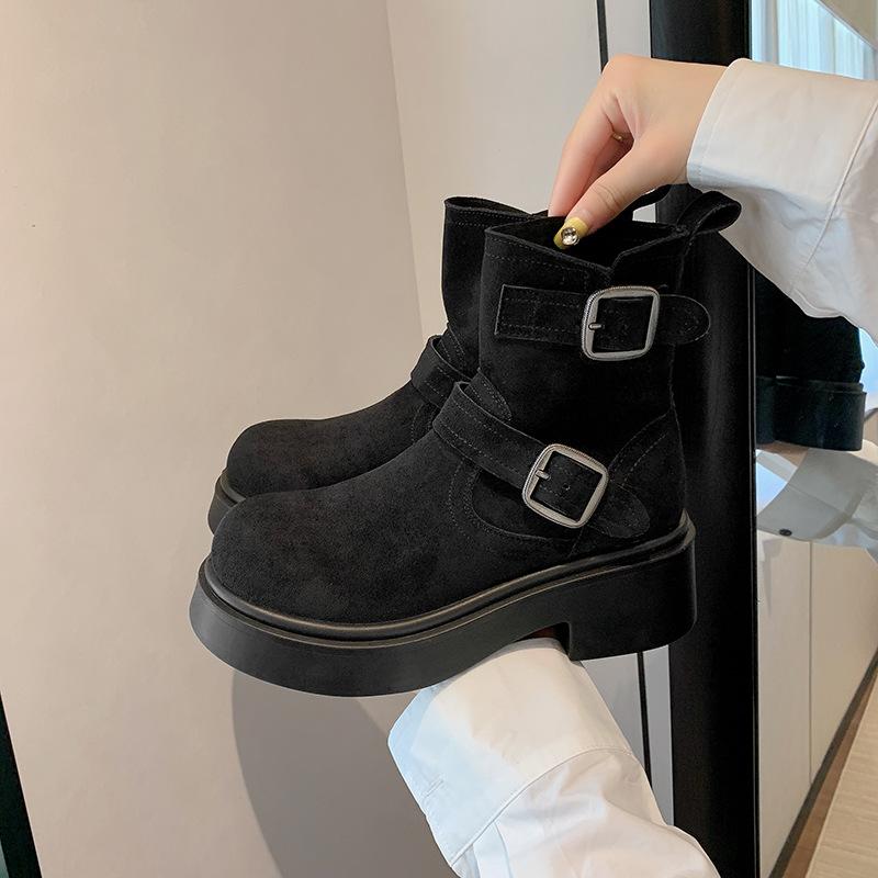 British style belt buckle shows thin pleated women's thick heel knight boots autumn and winter French European and American heightening fashion boot