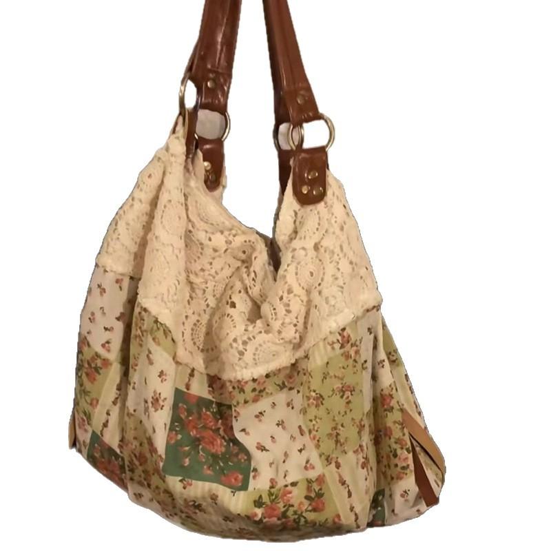 Mori Vintage Floral Splicing Cloth Bag Retro Lace Lace Commuting Shoulder Handbag Versatile