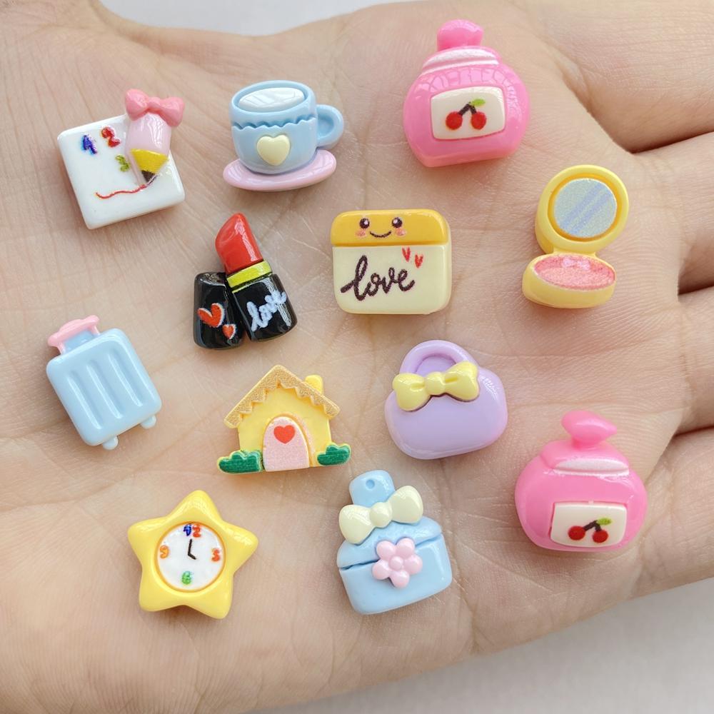 30Pcs Cute Cartoon Mini Lipstick, Mirror, Suitcase, Alarm Clock Nail Art Resin Designer Charms DIY Craft For Nail 3D Decorations