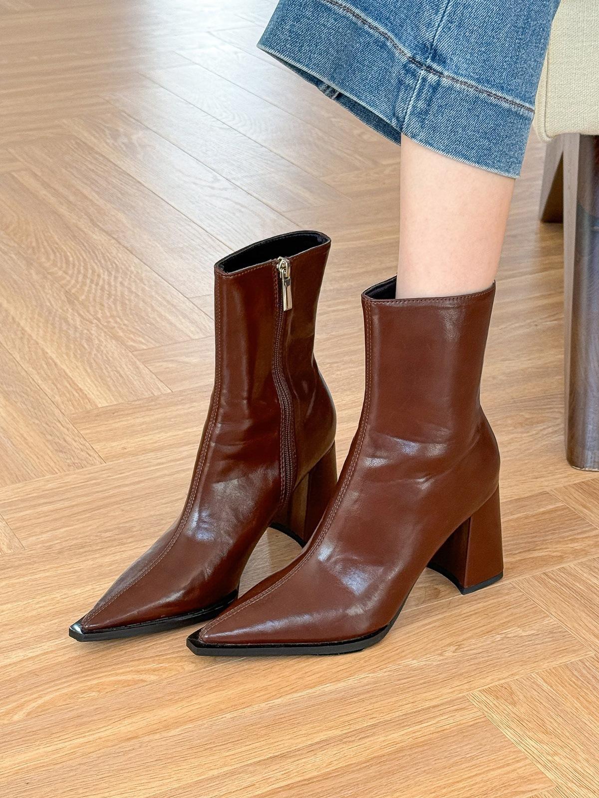 

Коричневый ретро! Короткие сапоги на толстом каблуке женские 2024 лето осень высокие каблуки Martin сапоги женские 35 тёмно-рыжий