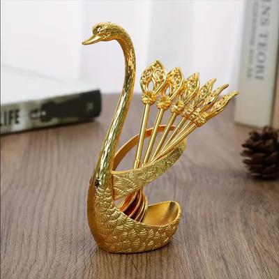 Elegant Metal Swan Spoon Set With Stand Tableware For Fruit Dessert Coffee Home Decoration Practical Cutlery Set For Daily