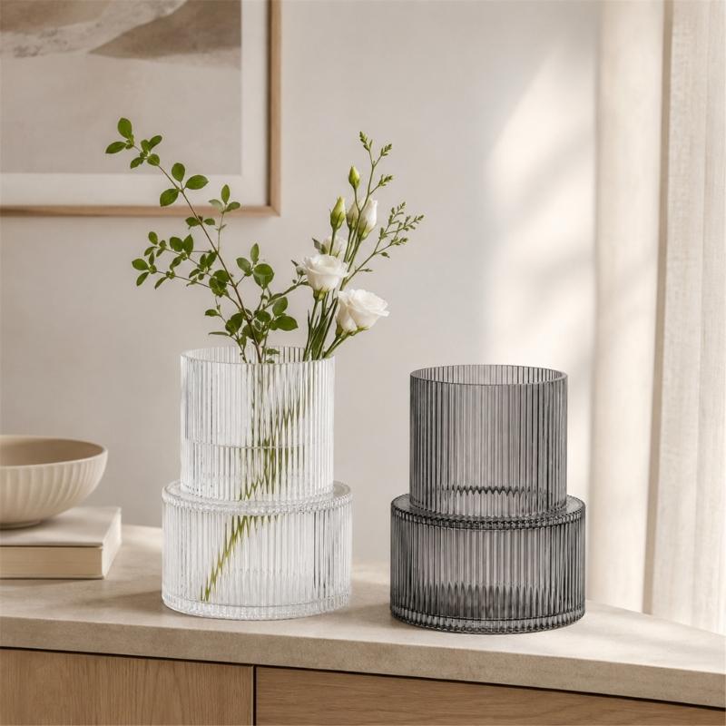Ribbed Flower Display Jar in Fluted Glass, Indoor Accent Vessel for Cut Flowers, Artificial Bunches, and Desk Placement