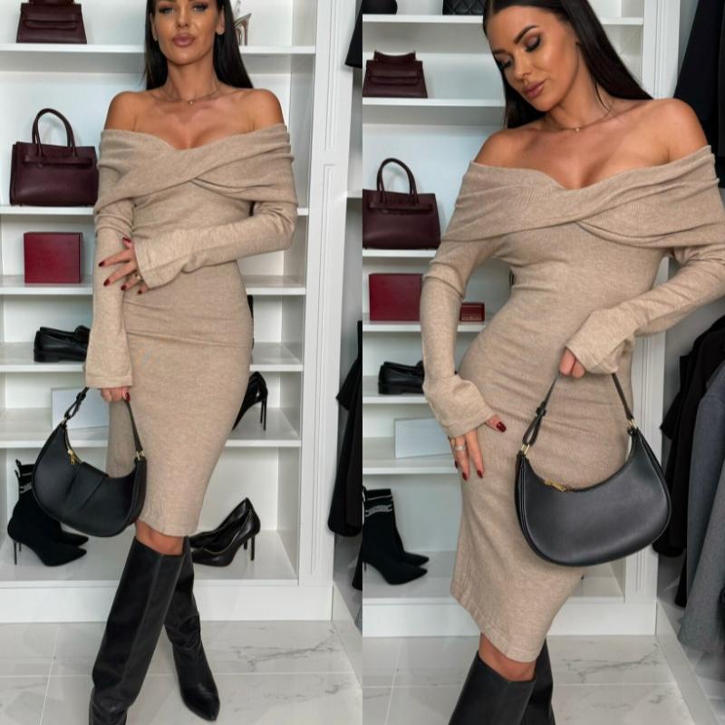 Autumn and Winter Long Sleeve Slash Neck Sexy Dress Women High Waist Slim Casual Dresses Women Solid Elegant Vintage Party Club Pencil Dress 25611