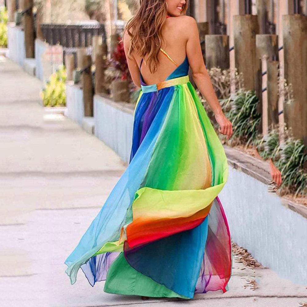 2025 Spring/Summer European & American Women's Sexy Deep V Rainbow Chiffon Dress