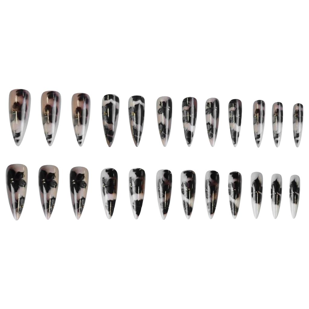 24Pcs Fake Nails Black-Gold Floral False Nails Self-adhesive Press Nails Wearable Nail Tips For Women Daily Wear Nails Tips