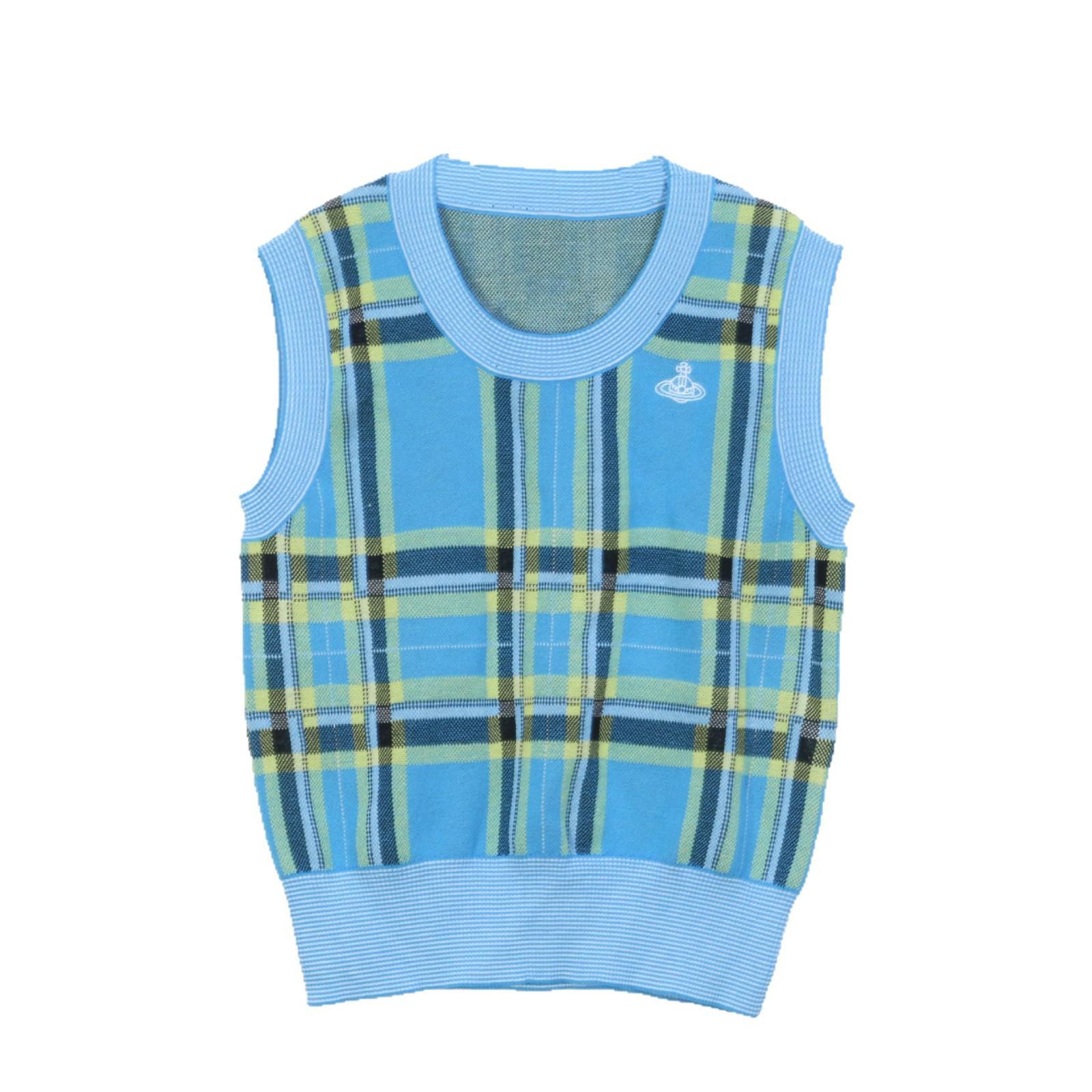 

Korean Style Sleeveless Color-Block Knit V-Neck Plaid Vest Top L