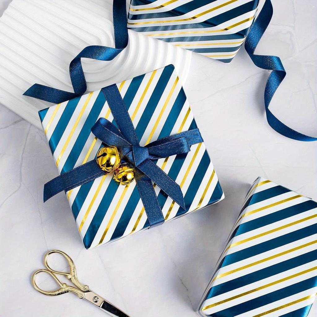 1Pc Gift Wrapping Paper Roll - Blue and Gold Stripes, Perfect for Birthdays, Holidays, Weddings, Christmas and Various Occasions.