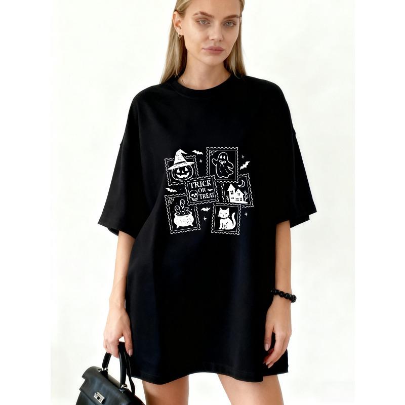 Oversized T Shirt Black Halloween Pumpkin Ghost Cat Haunted House Trick Or Treat Print Casual Autumn Party Wear S